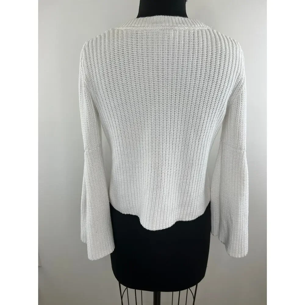 Free People White Bell Sleeve Ribbed Damsel Cable Knit Cotton Sweater Size M